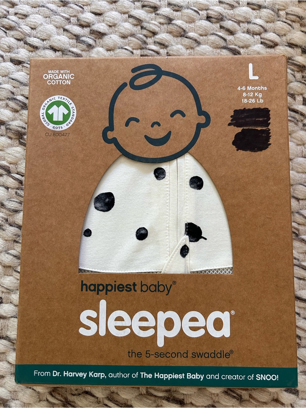 Happiest Baby Sleepea 5-Second Swaddle Organic Cotton Large 4-6 Months New
